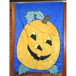 Halloween Garden Flag Orange Pumpkin on Blue Background Nylon 28 x 40 inches